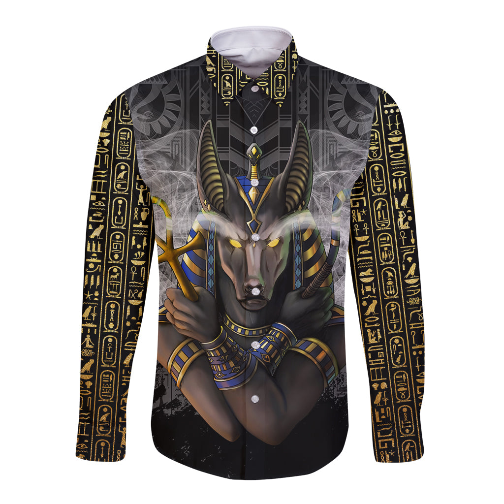 Black long-sleeve button shirt with Anubis face front graphic and gold hieroglyph panels