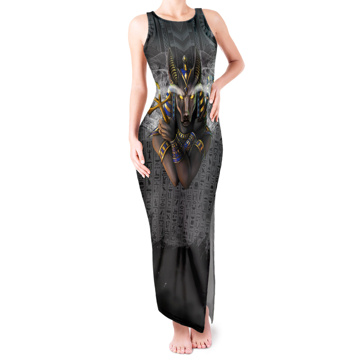 Anubis Tank Maxi Dress Egypt Pattern Black