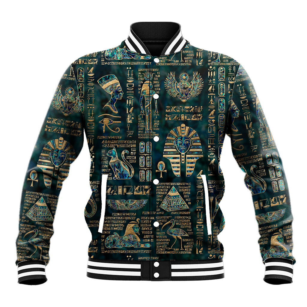 Unisex teal baseball jacket with Egyptian hieroglyph and deity graphics, snap buttons
