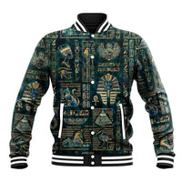 Unisex teal baseball jacket with Egyptian hieroglyph and deity graphics, snap buttons