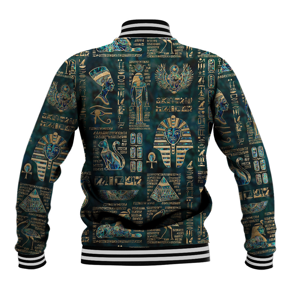 Unisex teal baseball jacket back with Egyptian hieroglyph and deity pattern, ribbed hem