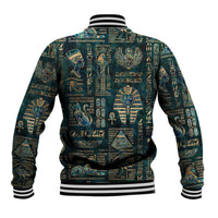 Unisex teal baseball jacket back with Egyptian hieroglyph and deity pattern, ribbed hem