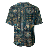 Dark teal baseball jersey with Egyptian hieroglyphs, gods, and gold emblems