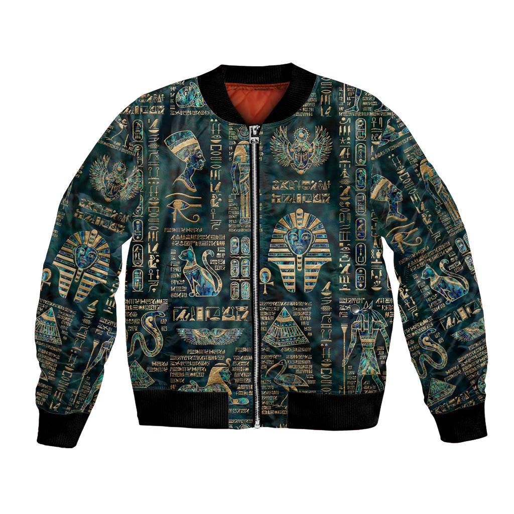 Unisex bomber jacket with Egyptian hieroglyph & deity print, ribbed cuffs, zip front