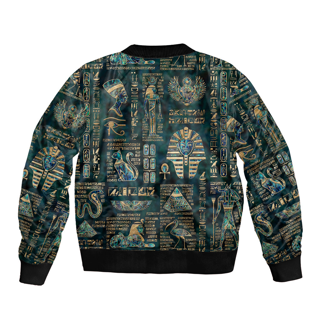 Unisex bomber jacket, all-over Egyptian hieroglyph & deity print, ribbed hem and cuffs