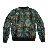 Unisex bomber jacket, all-over Egyptian hieroglyph & deity print, ribbed hem and cuffs