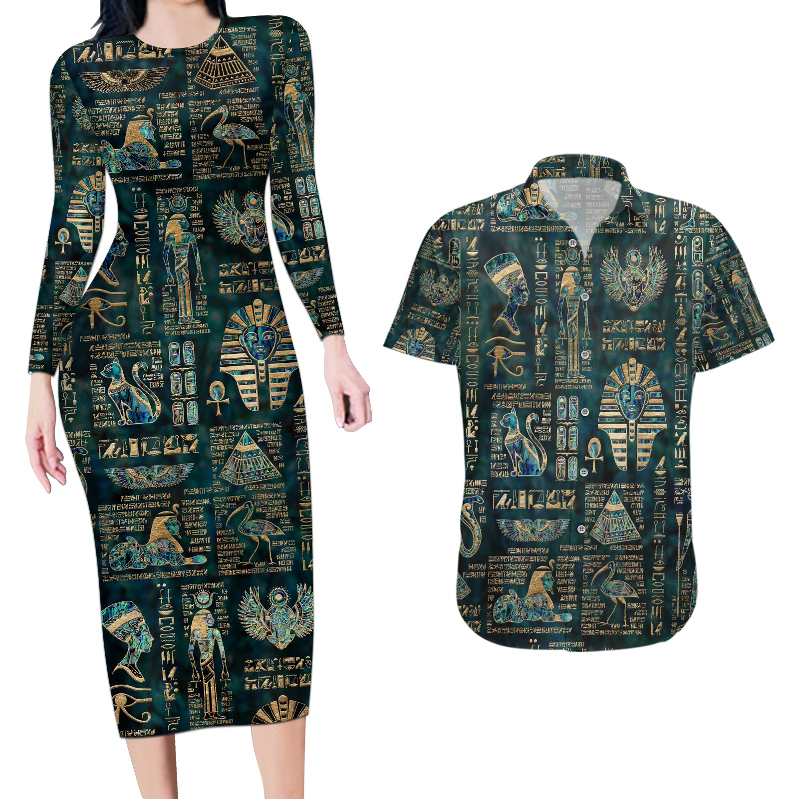 Egyptian Hieroglyphs And Deities Couples Matching Long Sleeve Bodycon Dress and Hawaiian Shirt - Wonder Print Shop