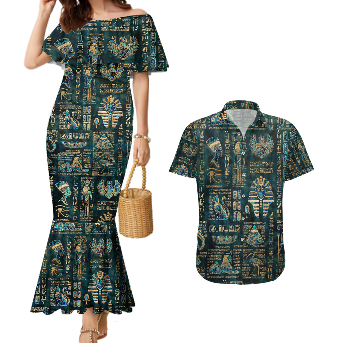 Egyptian Hieroglyphs And Deities Couples Matching Mermaid Dress and Hawaiian Shirt - Wonder Print Shop