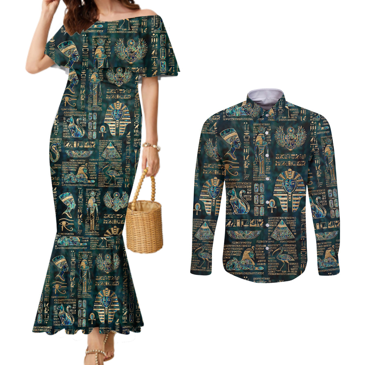 Egyptian Hieroglyphs And Deities Couples Matching Mermaid Dress and Long Sleeve Button Shirt