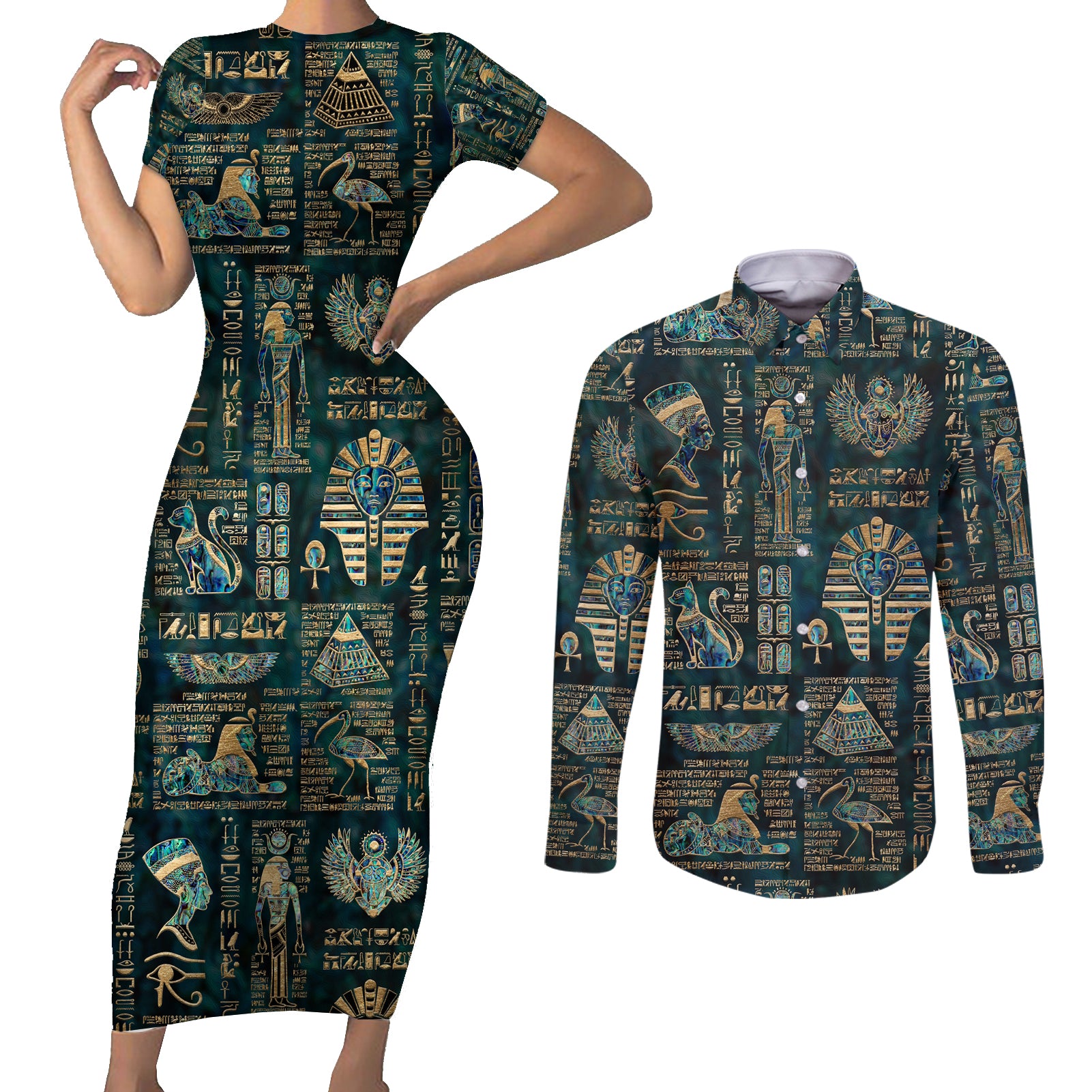 Egyptian Hieroglyphs And Deities Couples Matching Short Sleeve Bodycon Dress and Long Sleeve Button Shirt - Wonder Print Shop