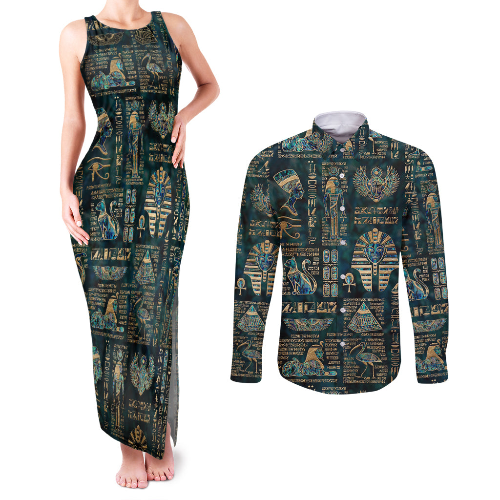 Egyptian Hieroglyphs And Deities Couples Matching Tank Maxi Dress and Long Sleeve Button Shirt - Wonder Print Shop