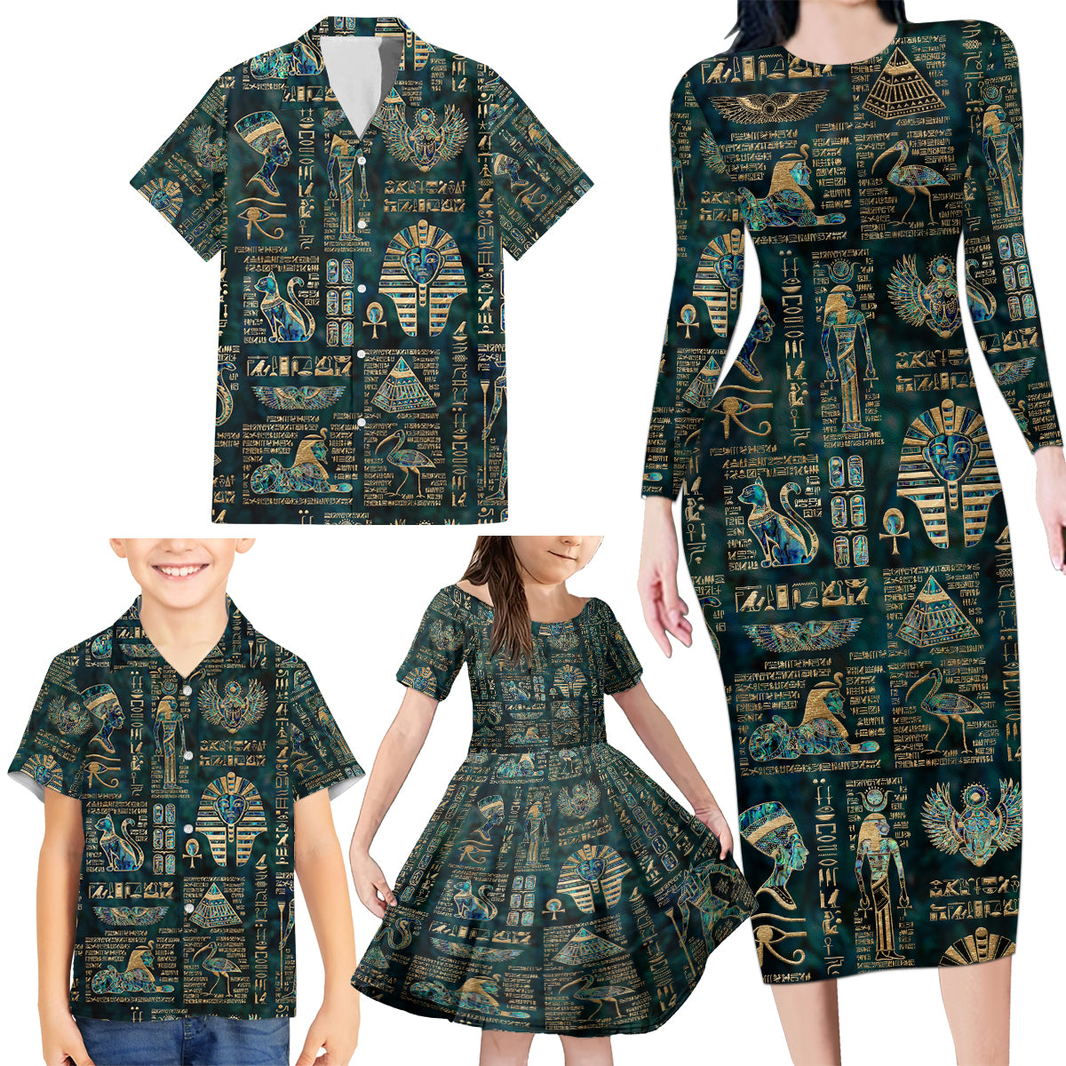 Egyptian Hieroglyphs And Deities Family Matching Long Sleeve Bodycon Dress and Hawaiian Shirt - Wonder Print Shop