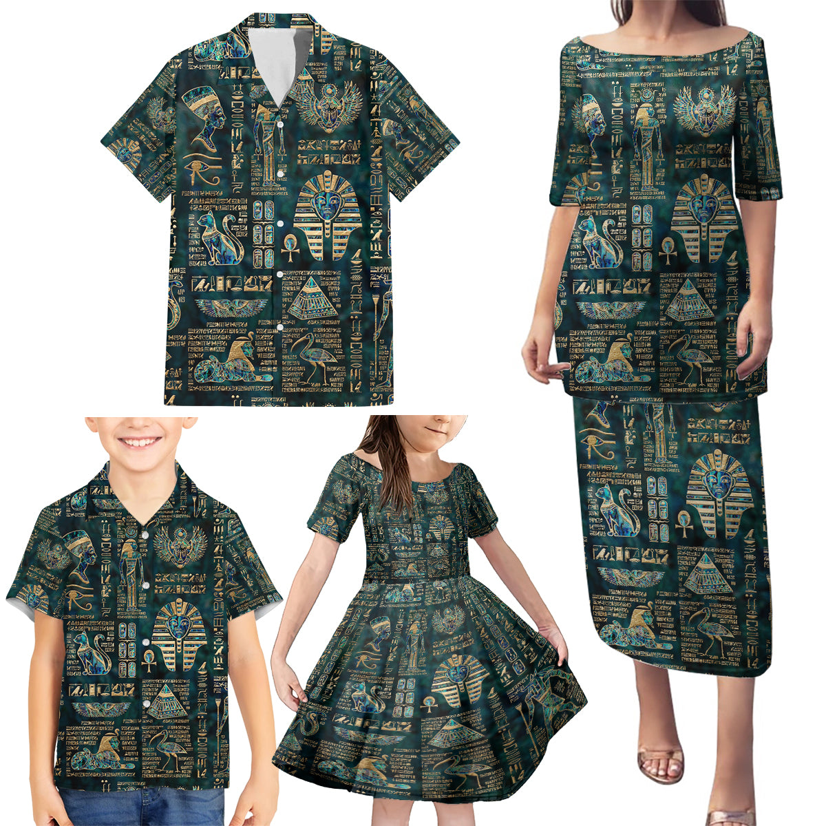 Egyptian Hieroglyphs And Deities Family Matching Puletasi and Hawaiian Shirt - Wonder Print Shop