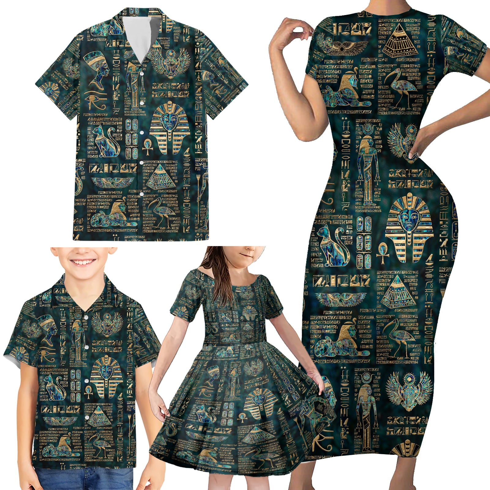 Egyptian Hieroglyphs And Deities Family Matching Short Sleeve Bodycon Dress and Hawaiian Shirt - Wonder Print Shop