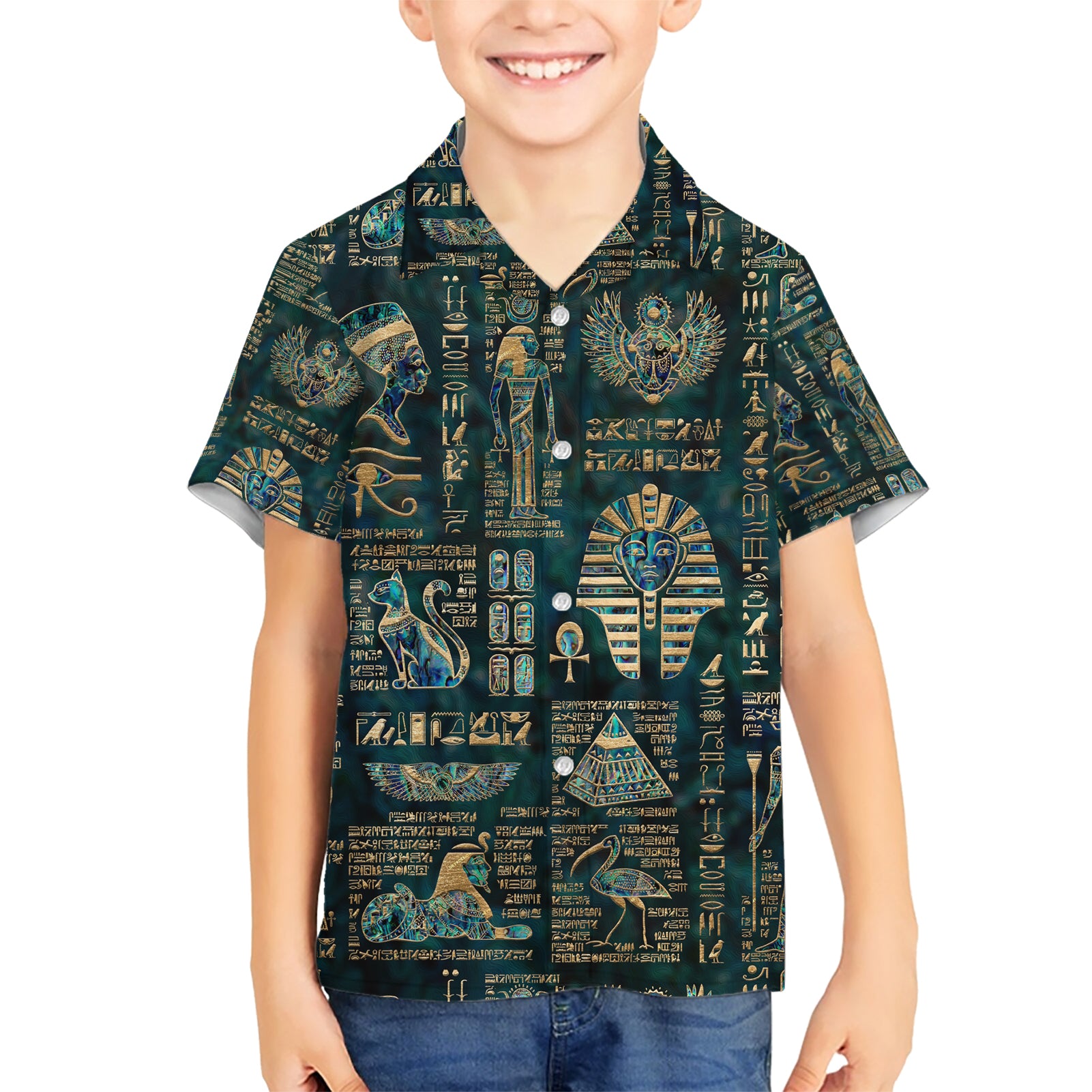 Egyptian Hieroglyphs And Deities Kid Hawaiian Shirt - Wonder Print Shop