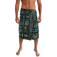 Teal lavalava with Egyptian hieroglyph and deity print, knee-length wrap shorts