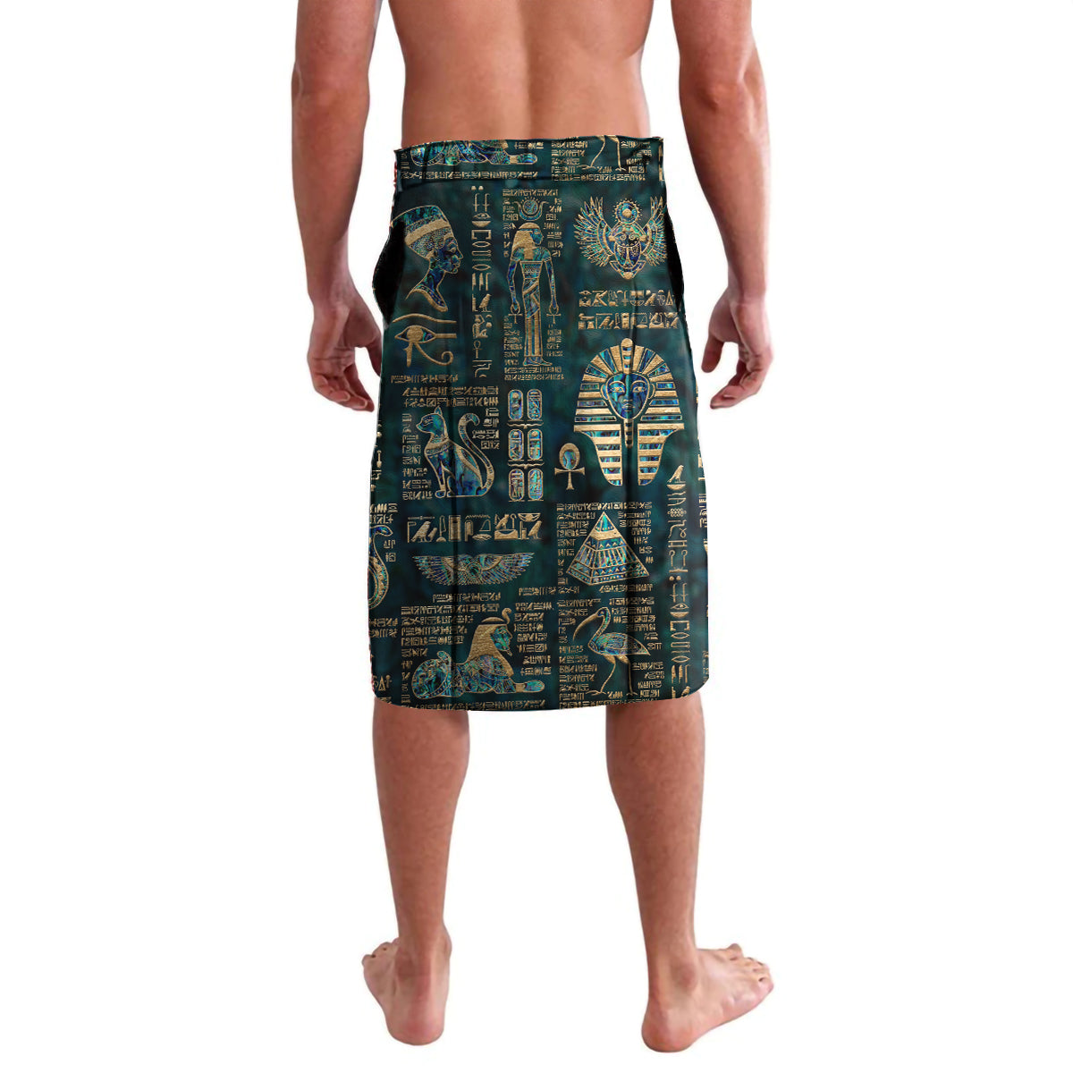 Teal knee-length lavalava with ornate Egyptian deity print and hieroglyph patterns