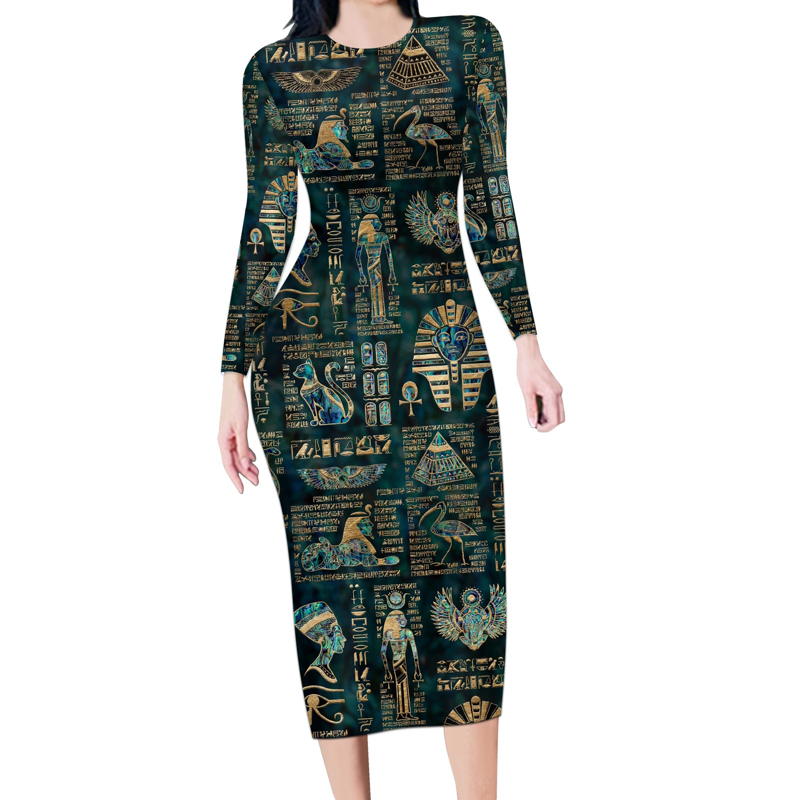 Egyptian Hieroglyphs And Deities Long Sleeve Bodycon Dress - Wonder Print Shop