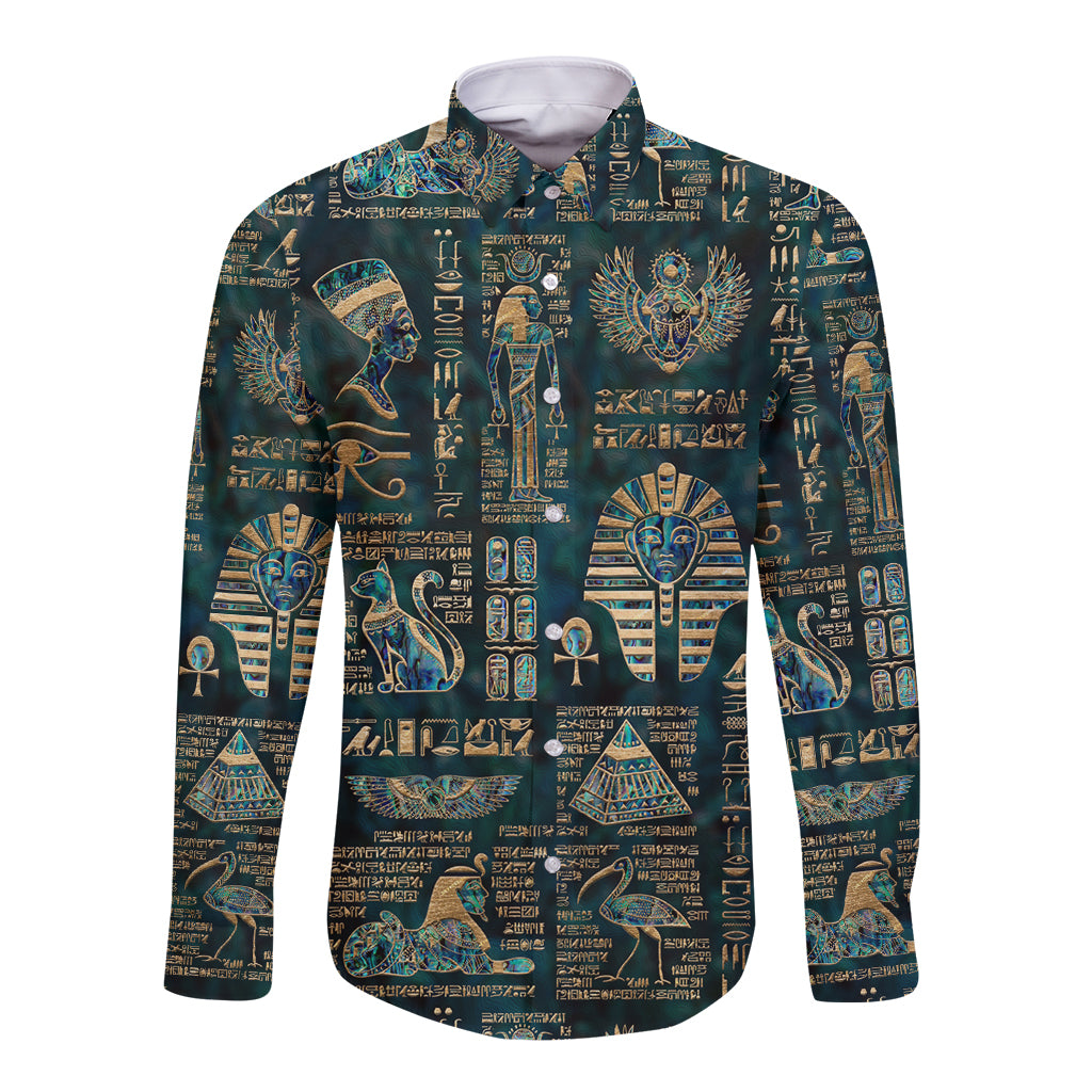 Egyptian Hieroglyphs And Deities Long Sleeve Button Shirt - Wonder Print Shop