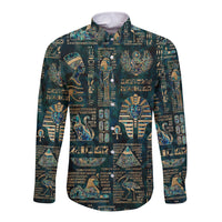 Long sleeve button shirt with Egyptian hieroglyph and deity print, dark teal.