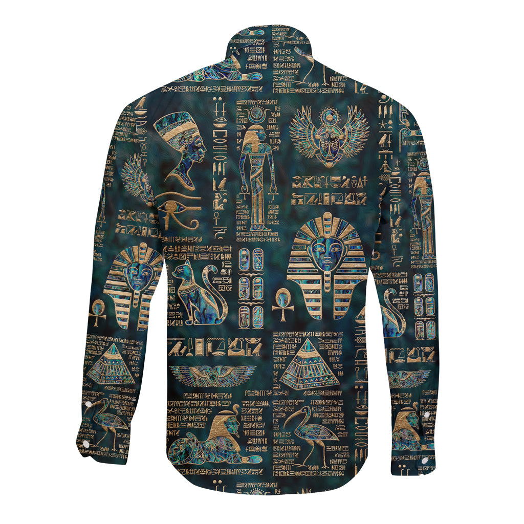 Long sleeve button shirt with Egyptian hieroglyph and deity print, dark teal, back.