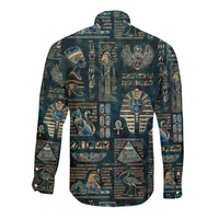 Long sleeve button shirt with Egyptian hieroglyph and deity print, dark teal, back.