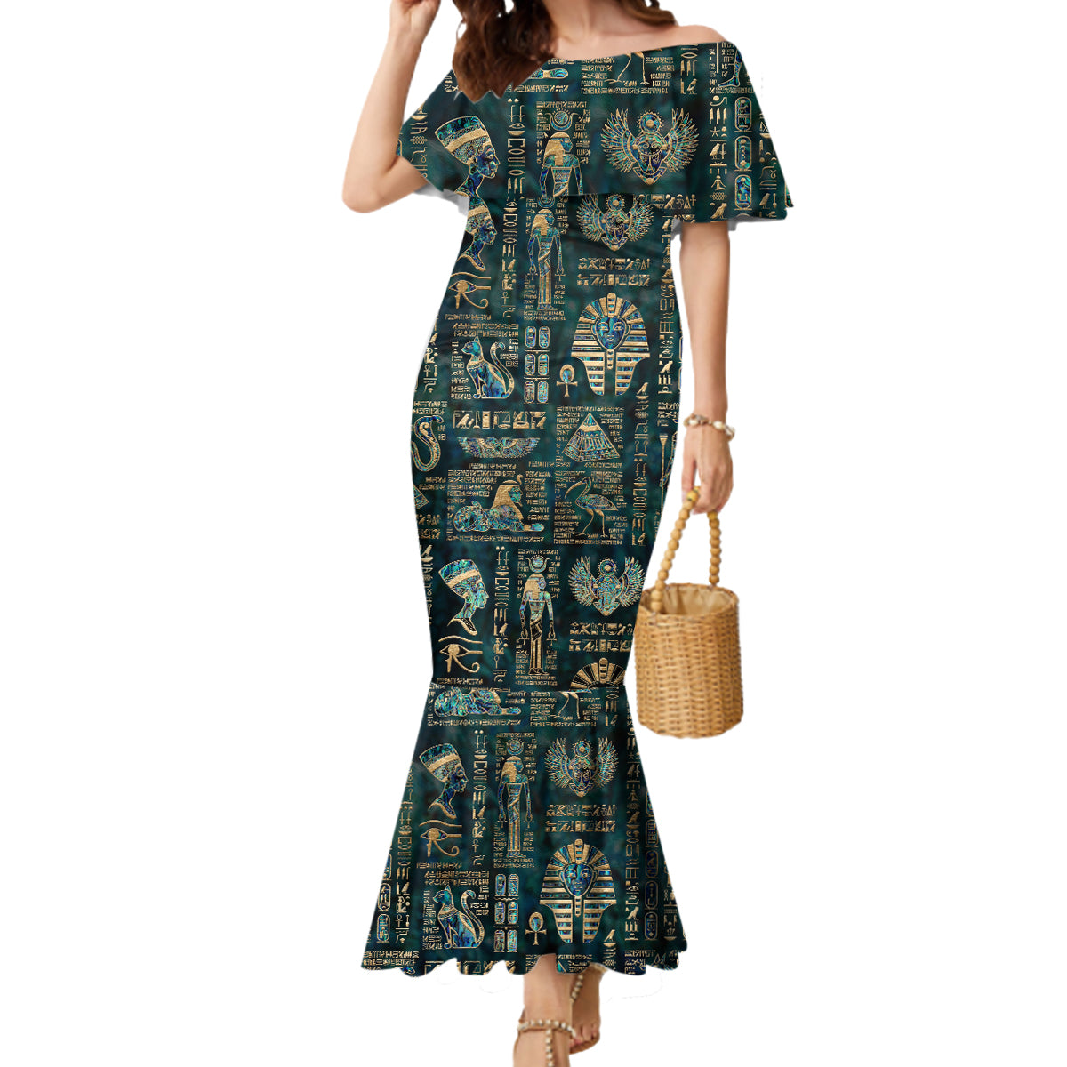 Egyptian Hieroglyphs And Deities Mermaid Dress - Wonder Print Shop