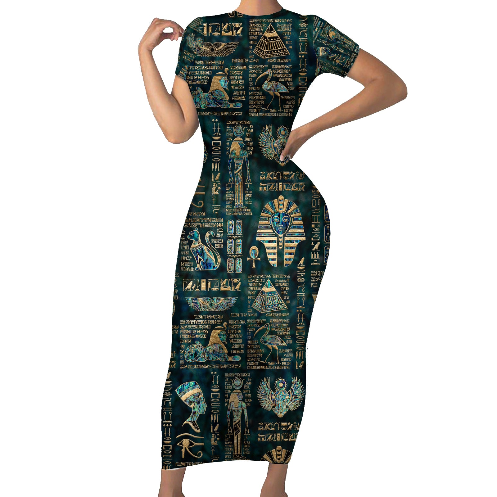 Egyptian Hieroglyphs And Deities Short Sleeve Bodycon Dress