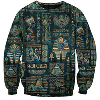 Unisex crewneck sweatshirt with blue-and-gold Egyptian hieroglyphs and deities