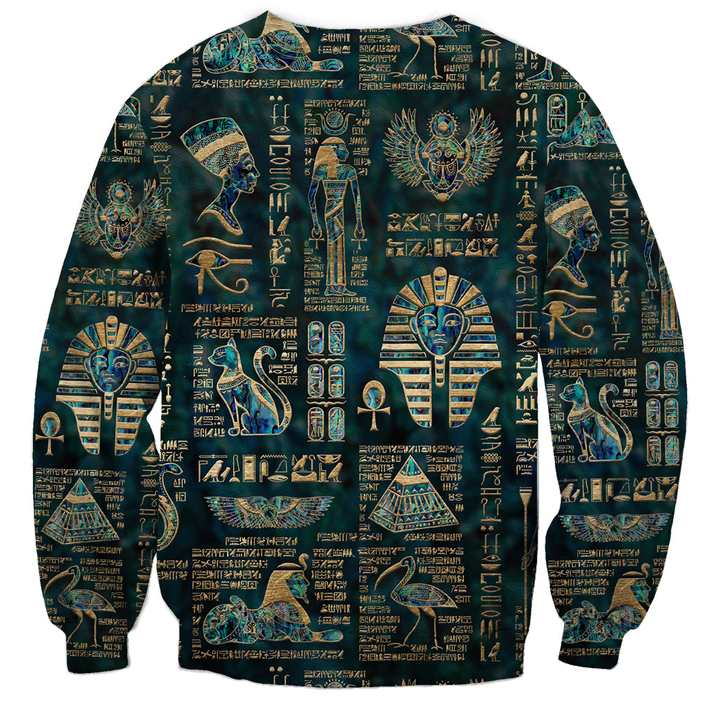 Unisex crewneck long-sleeve sweatshirt with Egyptian deity and hieroglyph pattern