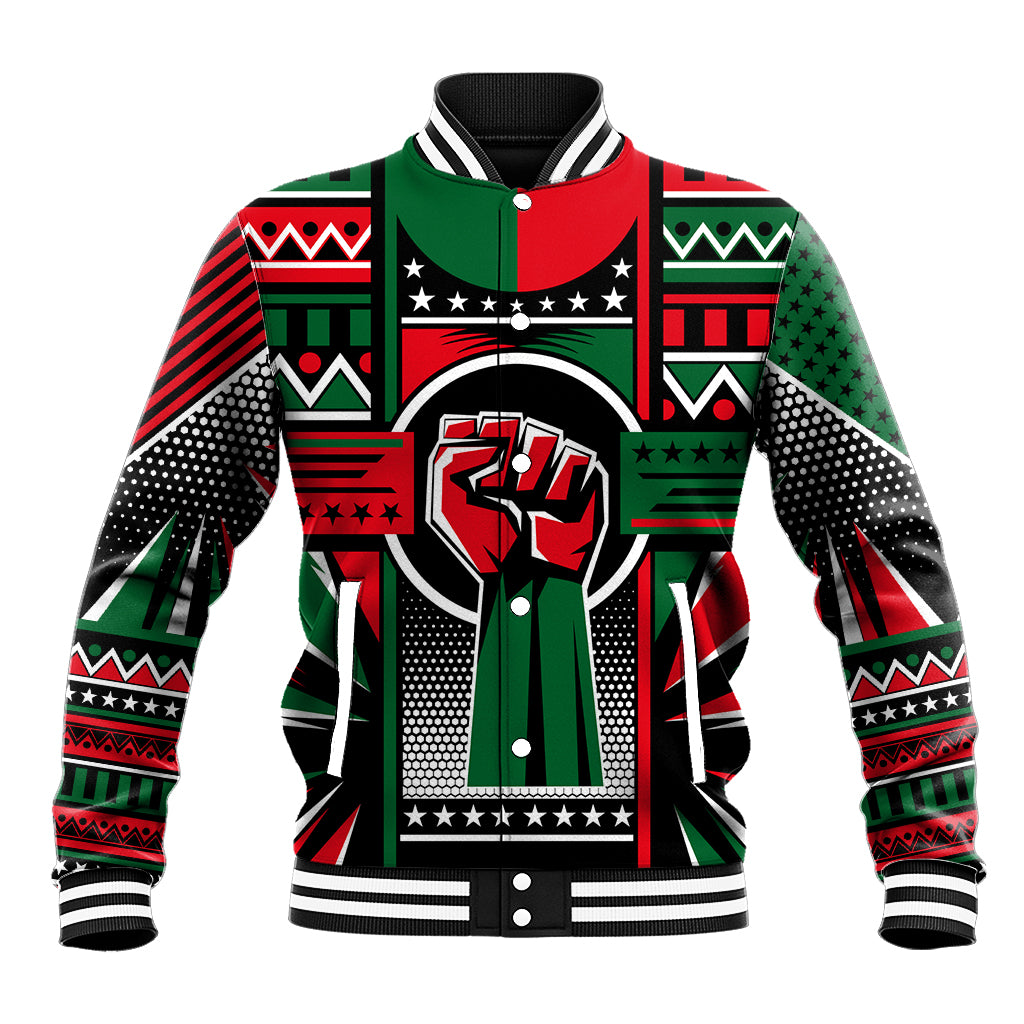 Black baseball jacket with multicolor Pan-African pattern, button-front, striped ribbed cuffs