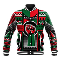 Black baseball jacket with multicolor Pan-African pattern, button-front, striped ribbed cuffs