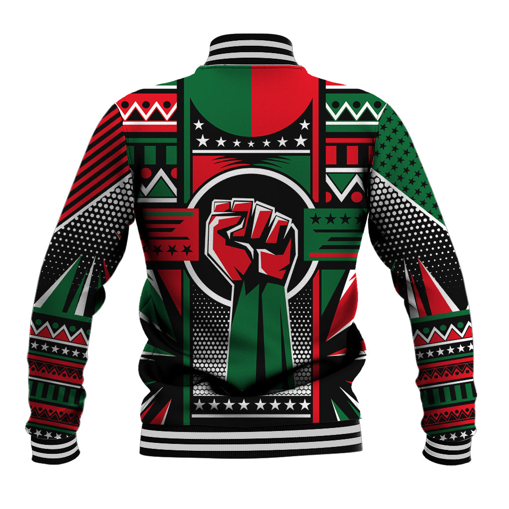 Black baseball jacket back with multicolor Pan-African graphic, button-front, striped ribbed hem