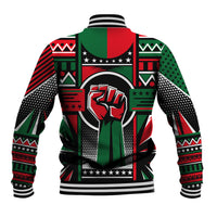 Black baseball jacket back with multicolor Pan-African graphic, button-front, striped ribbed hem