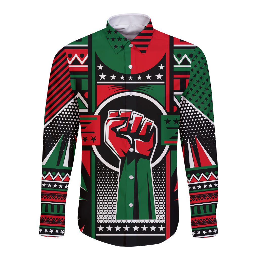 Long-sleeve button shirt with black base and bold Pan African pattern, front button placket