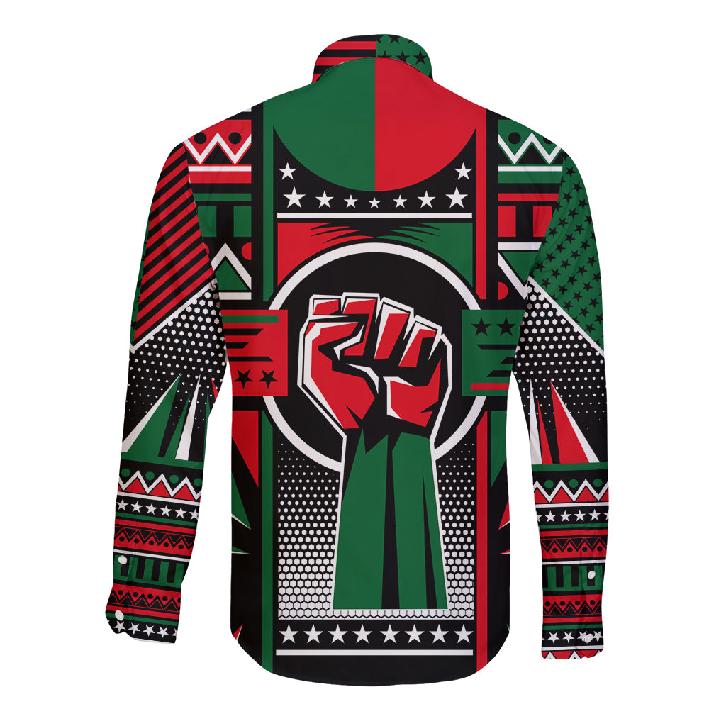 Long-sleeve button shirt with black base and bold Pan African pattern, back view centered graphic