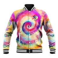 Rainbow tie-dye baseball jacket with skull front graphic, snap buttons, striped collar and cuffs