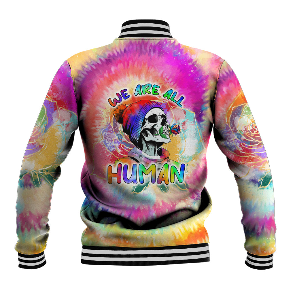 Back of rainbow tie-dye baseball jacket with 'We are all Human' text and skull art, striped cuffs