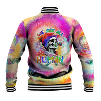Back of rainbow tie-dye baseball jacket with 'We are all Human' text and skull art, striped cuffs