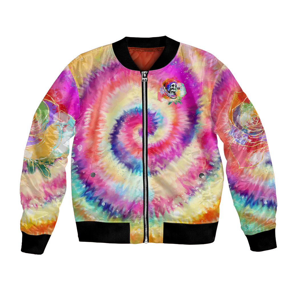 Unisex tie-dye bomber jacket with front zipper, ribbed hem, and colorful skull patch