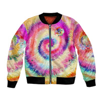 Unisex tie-dye bomber jacket with front zipper, ribbed hem, and colorful skull patch
