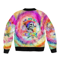 Unisex tie-dye bomber jacket with back skull graphic and 'WE ARE ALL HUMAN' text