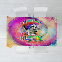 LGBT tie-dye tablecloth with “We Are All Human” text and skull graphic, rectangular