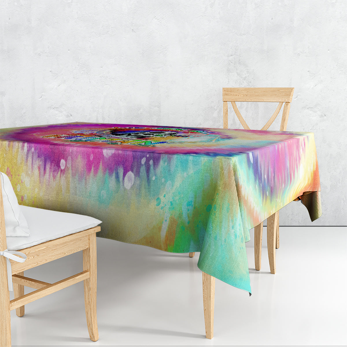 LGBT tie-dye tablecloth with rainbow drip pattern, printed surface draped on table
