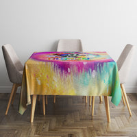 LGBT tie-dye tablecloth with colorful drip pattern and skull graphic, square top view