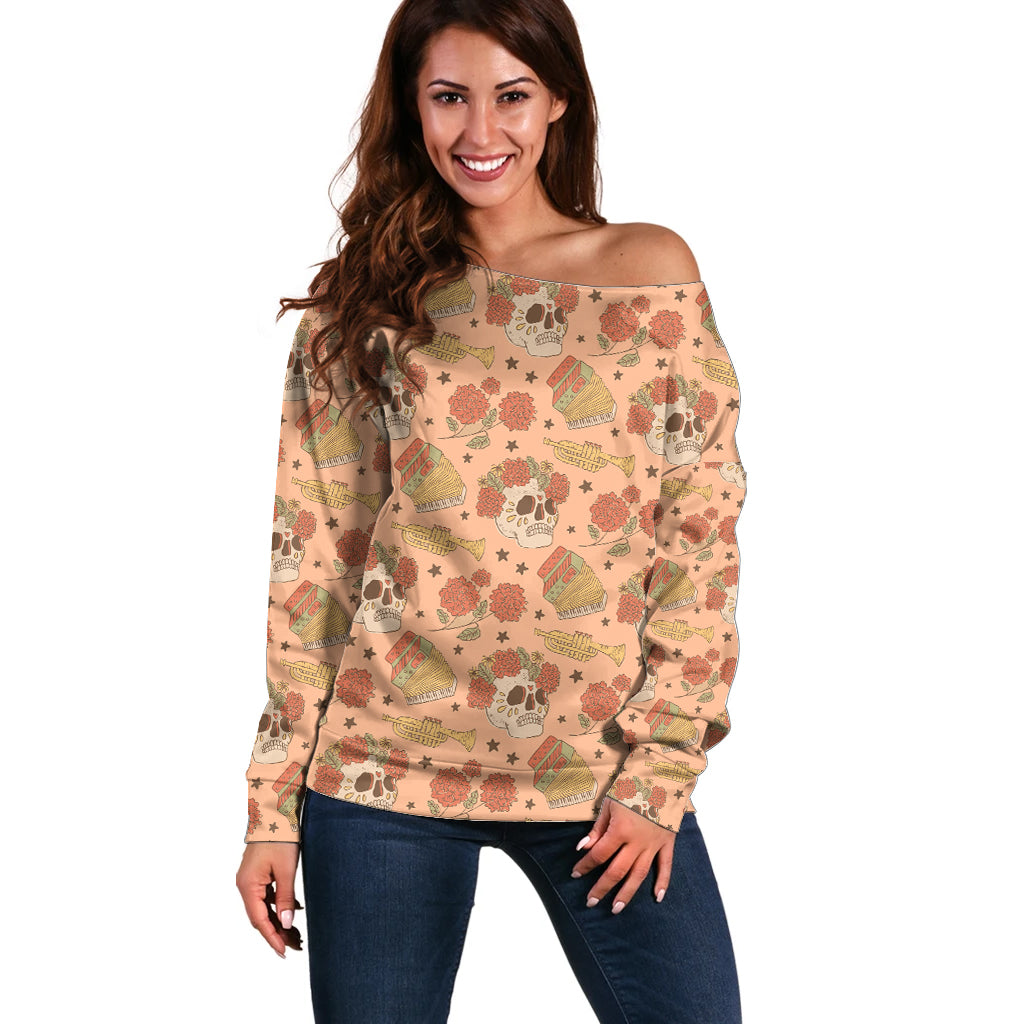 Day of the Dead Off Shoulder Sweater Sugar Skulls - Wonder Print Shop