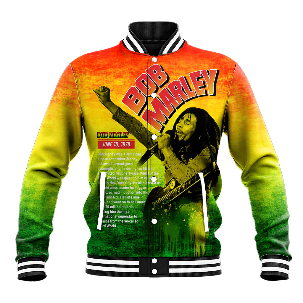 Colorful varsity baseball jacket with ribbed striped collar and front graphic print