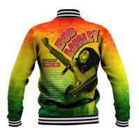 Colorful varsity baseball jacket with ribbed striped collar and back graphic portrait