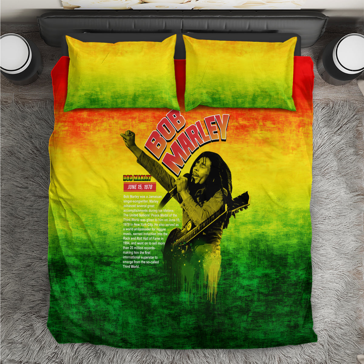Bob Marley bedding set with reggae portrait graphic on green-yellow-orange duvet