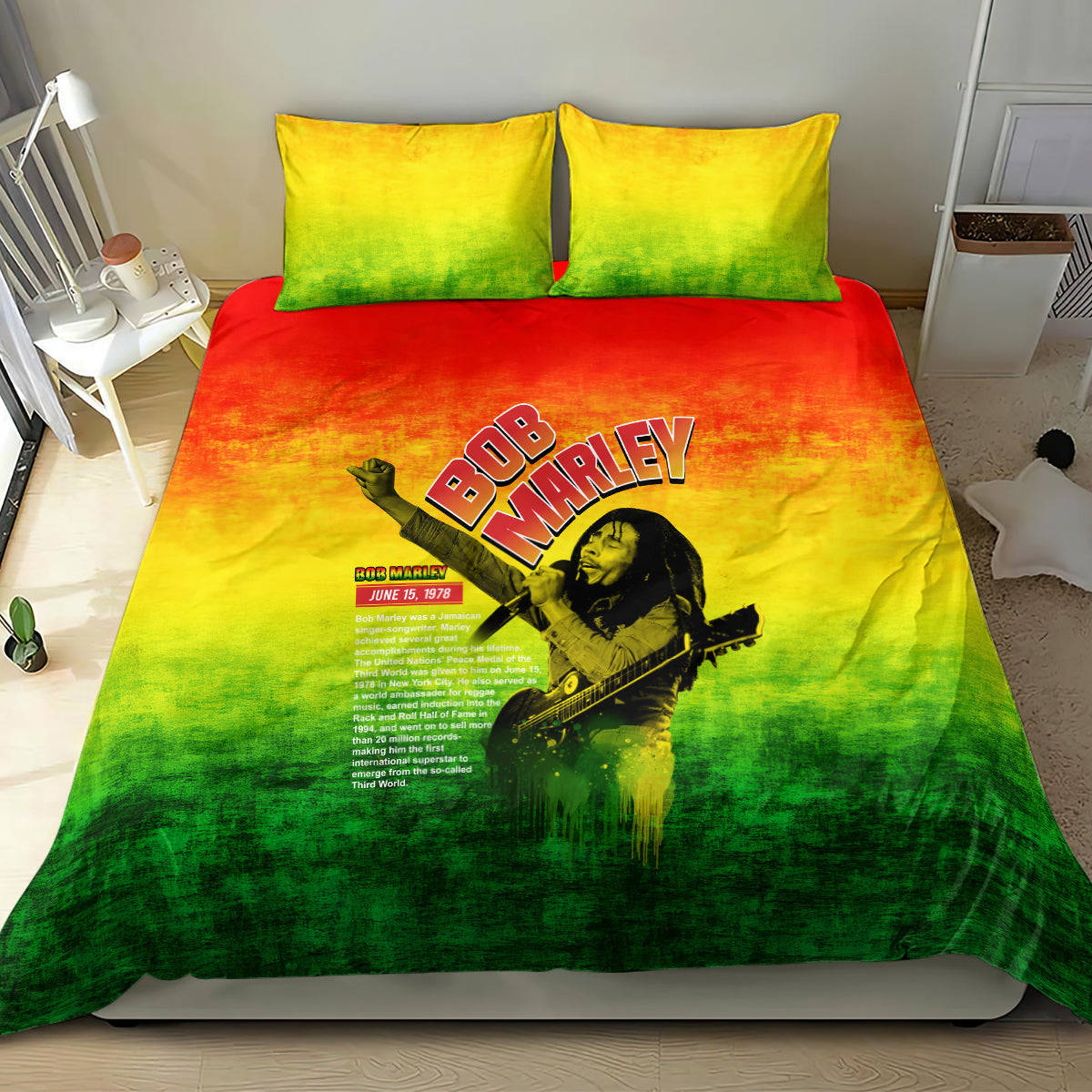 Bob Marley bedding set with large Bob Marley guitar portrait on green-yellow-orange duvet